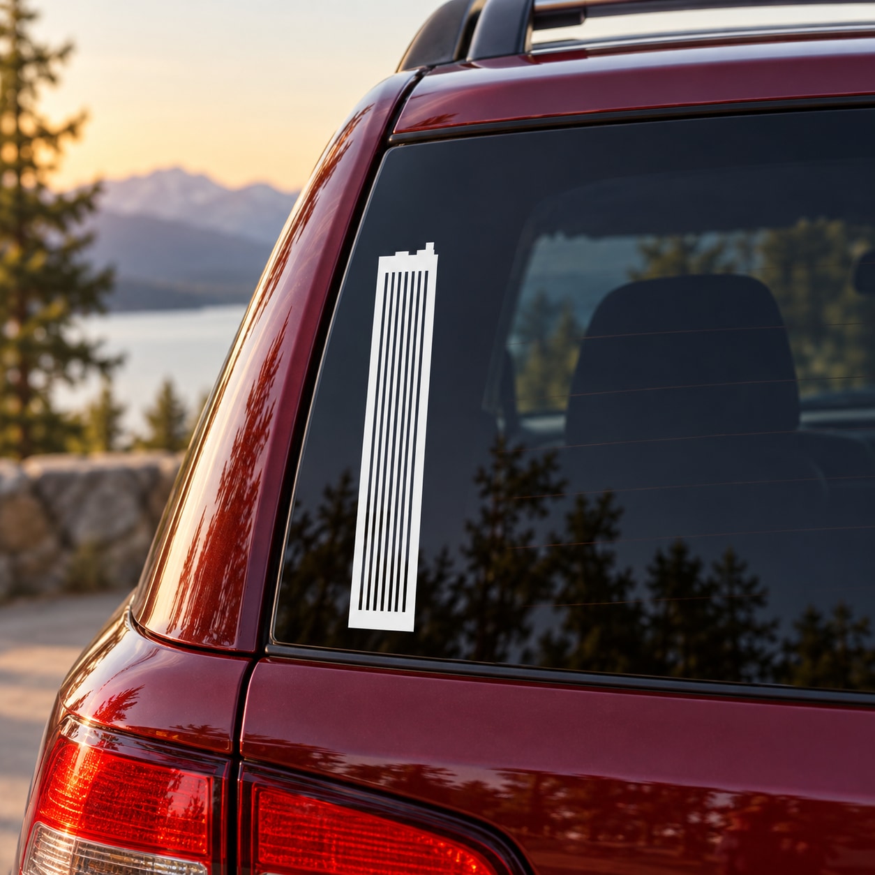 Tall building-striped decal for car window, white vertical stripes on dark background