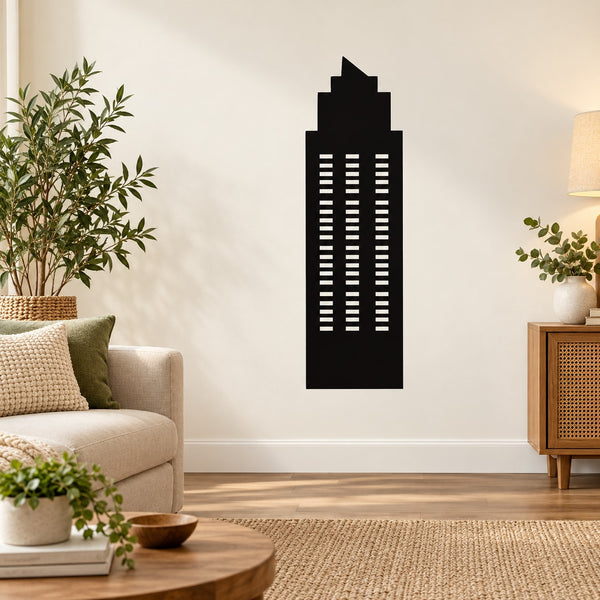 Black pointed tall building wall decal with window stripes