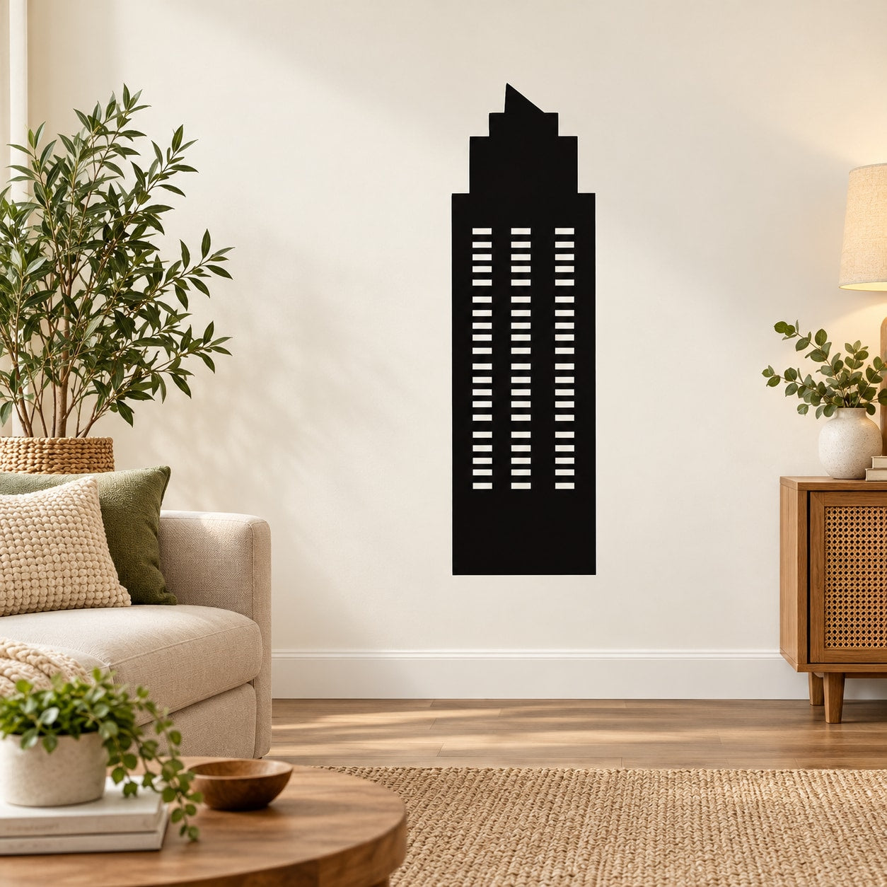 Black pointed tall building wall decal with window stripes