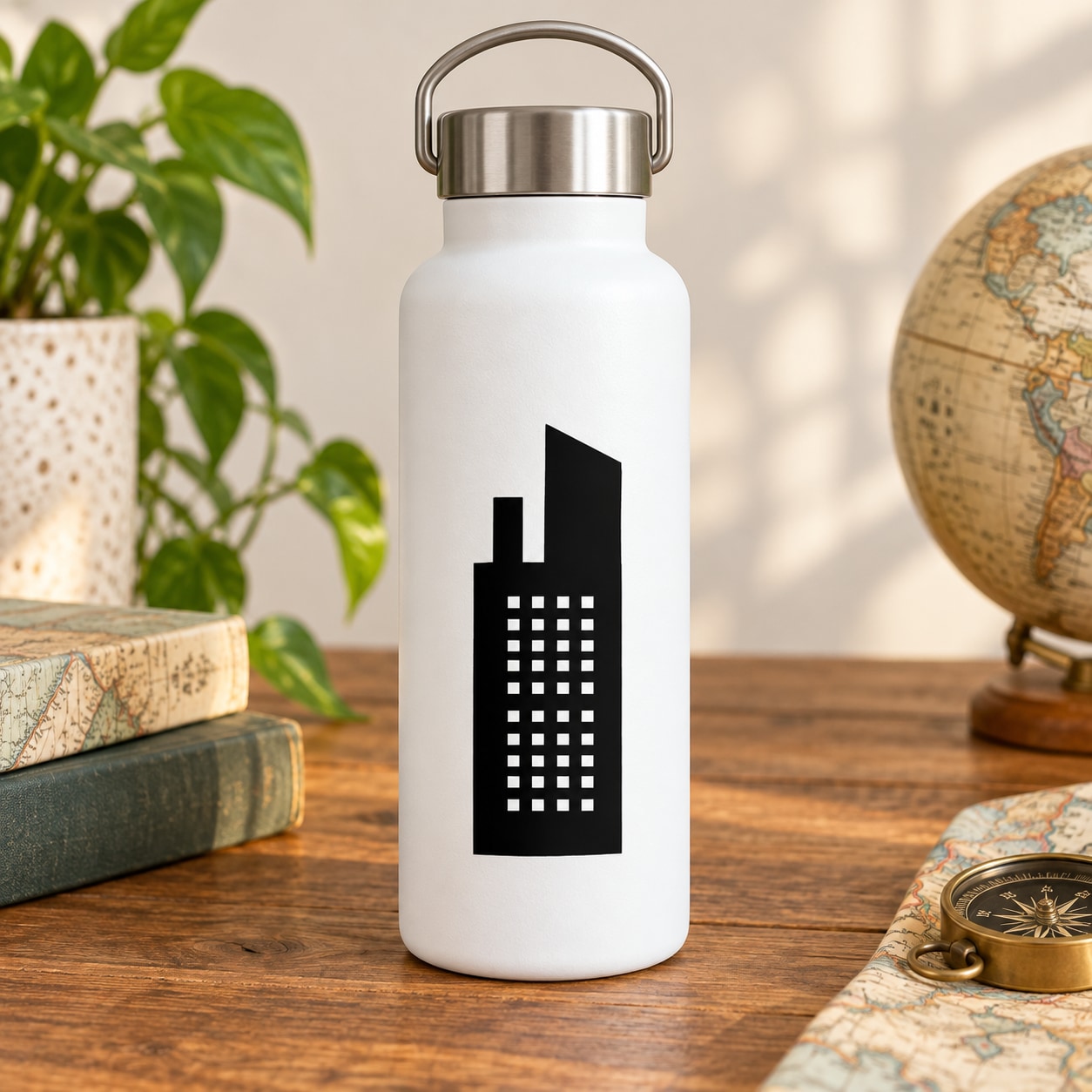Black industrial building decal with window grid on white bottle