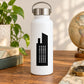 Black industrial building decal with window grid on white bottle
