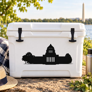 Black Washington DC Capitol building silhouette decal on a white cooler