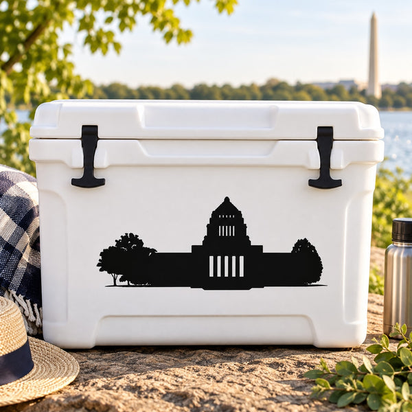 Black Washington DC Capitol building silhouette decal on a white cooler