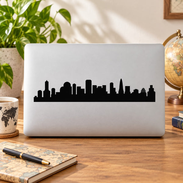 Black city skyline silhouette decal with tall buildings and skyline band