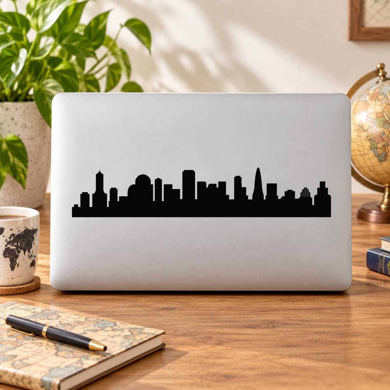 Black city skyline silhouette decal with tall buildings and skyline band