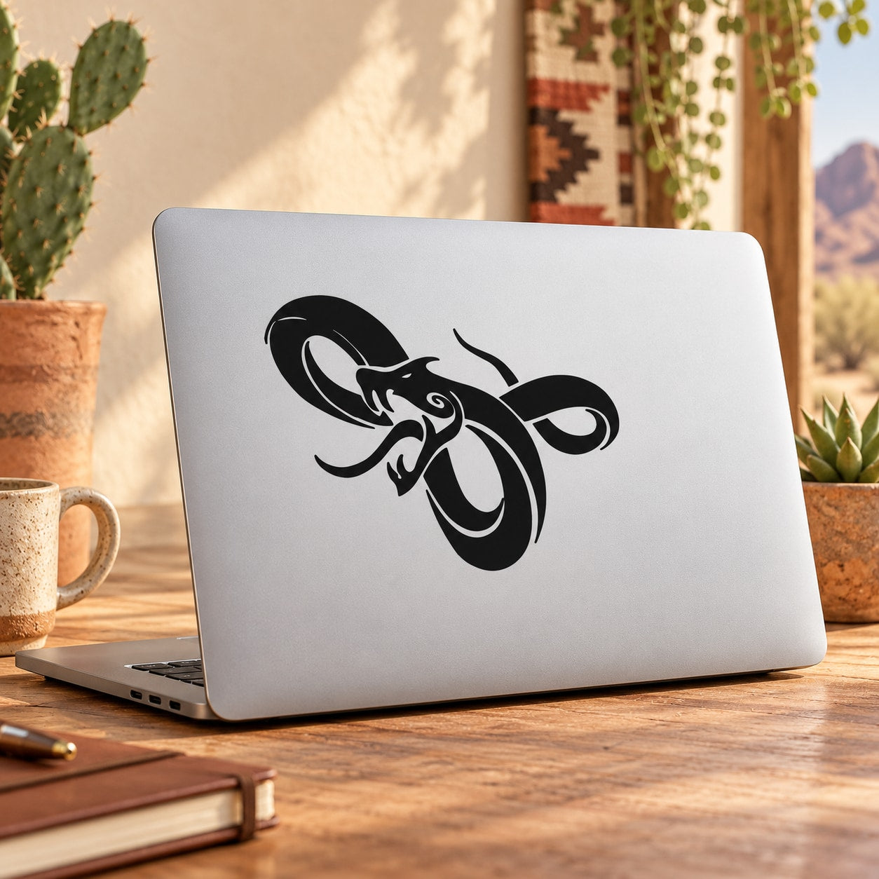 Black turning snake decal on a white laptop lid