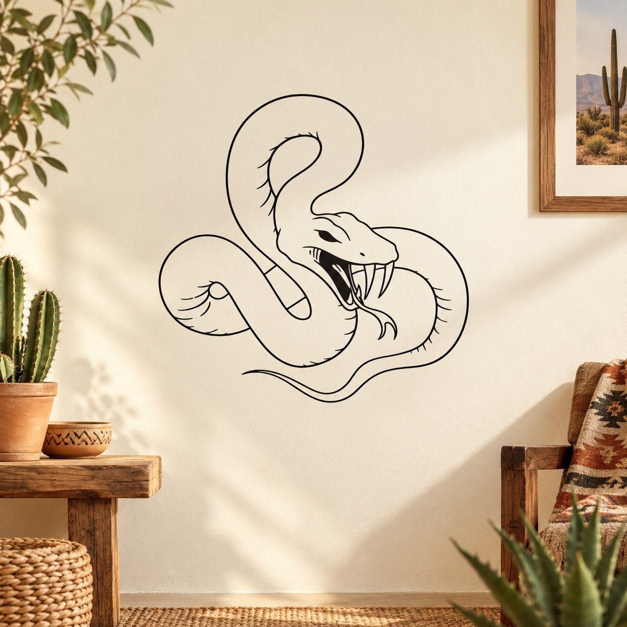 Fanged hissing snake outline decal with open mouth and curved tongue