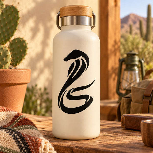 Black king cobra snake decal on white bottle, bold curved hood design