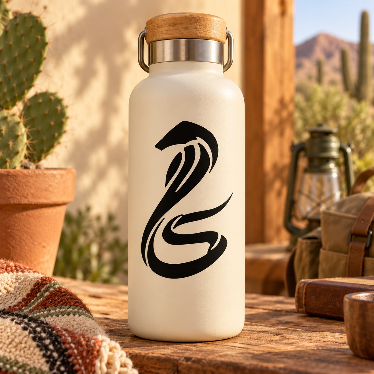 Black king cobra snake decal on white bottle, bold curved hood design