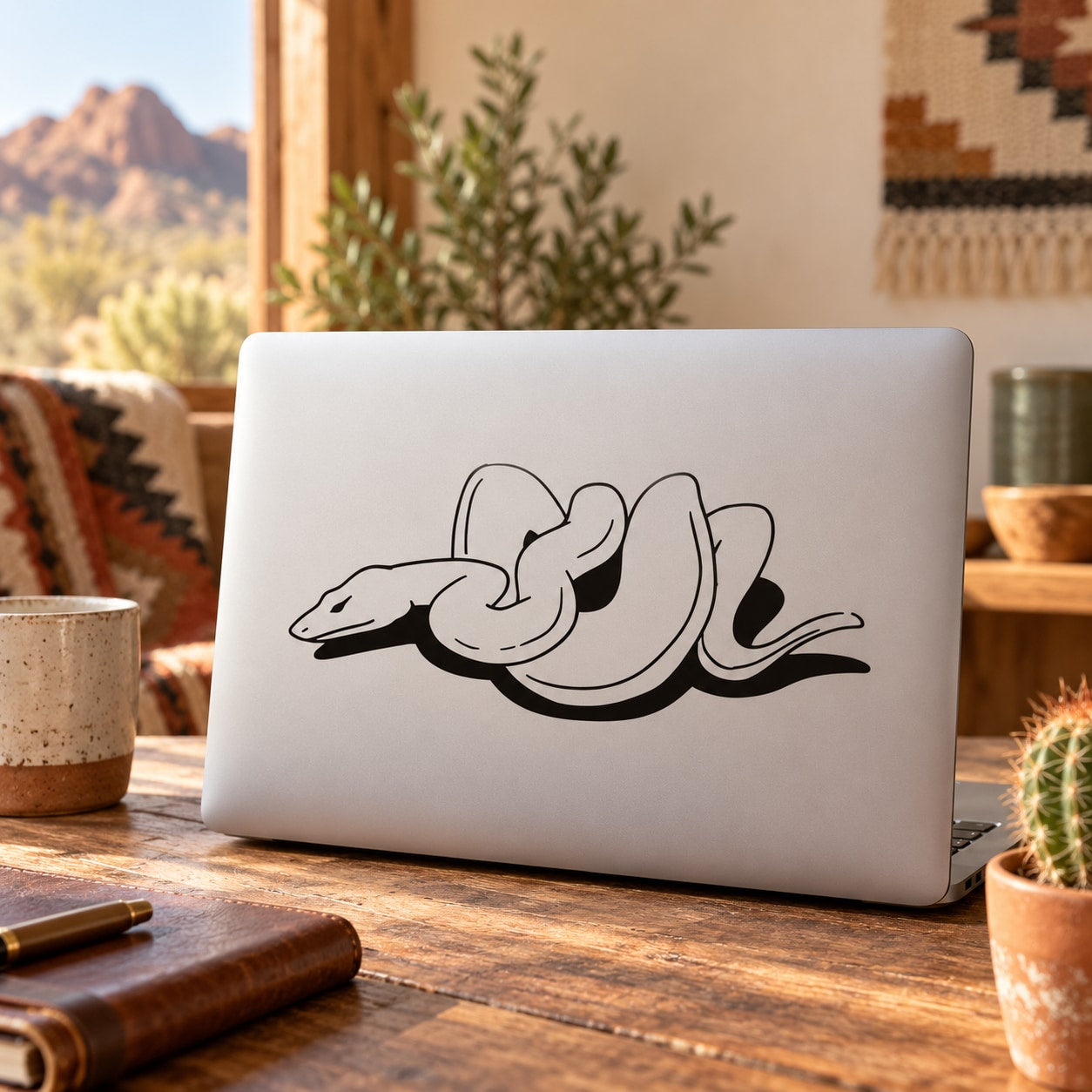 Curled tree snake decal with black line art on a light surface