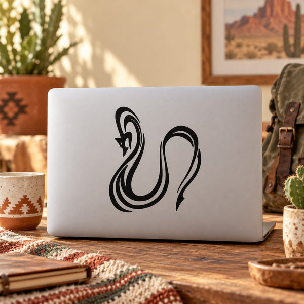 Striped snake decal with black graphic on a white surface