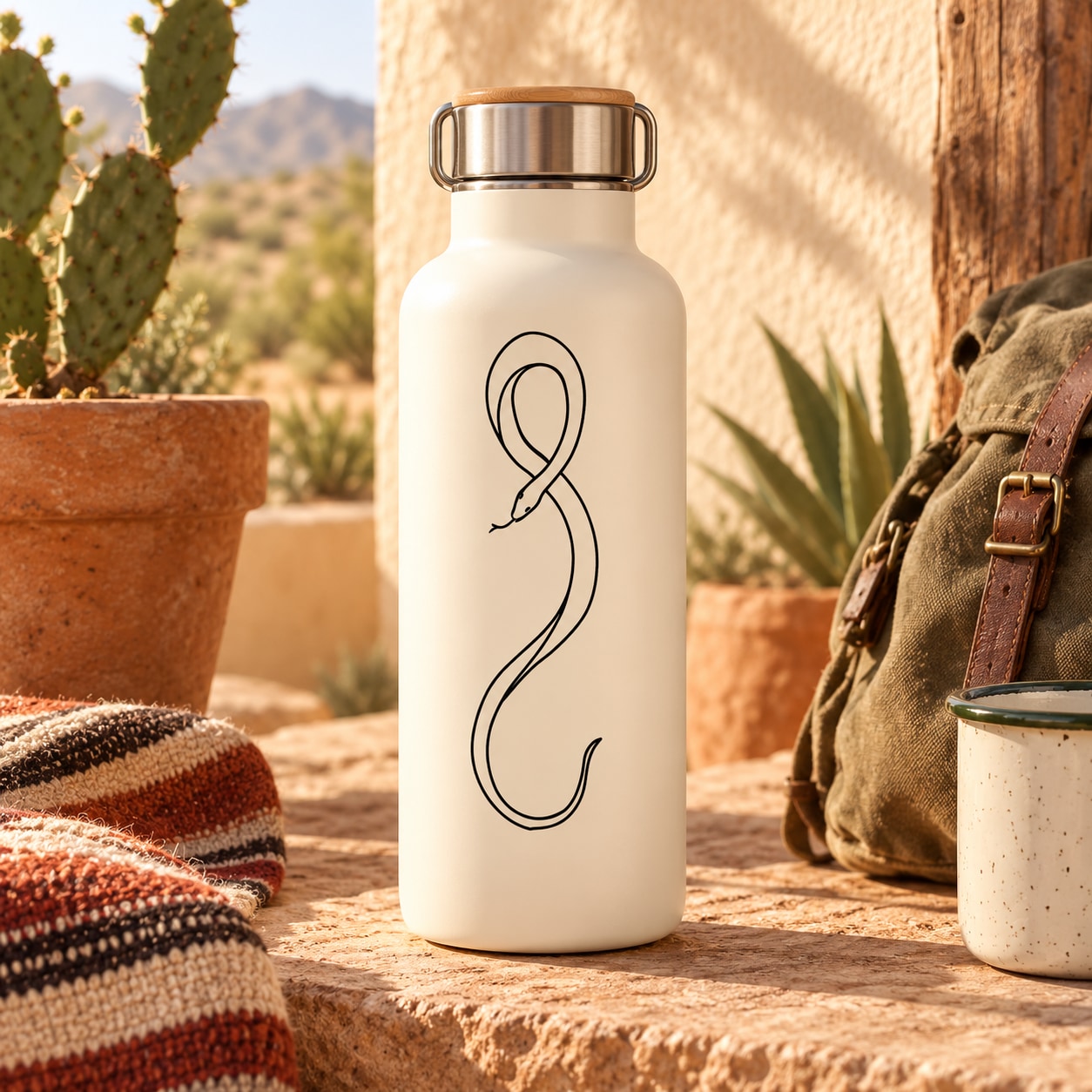 Cream water bottle with elegant snake decal in black line art
