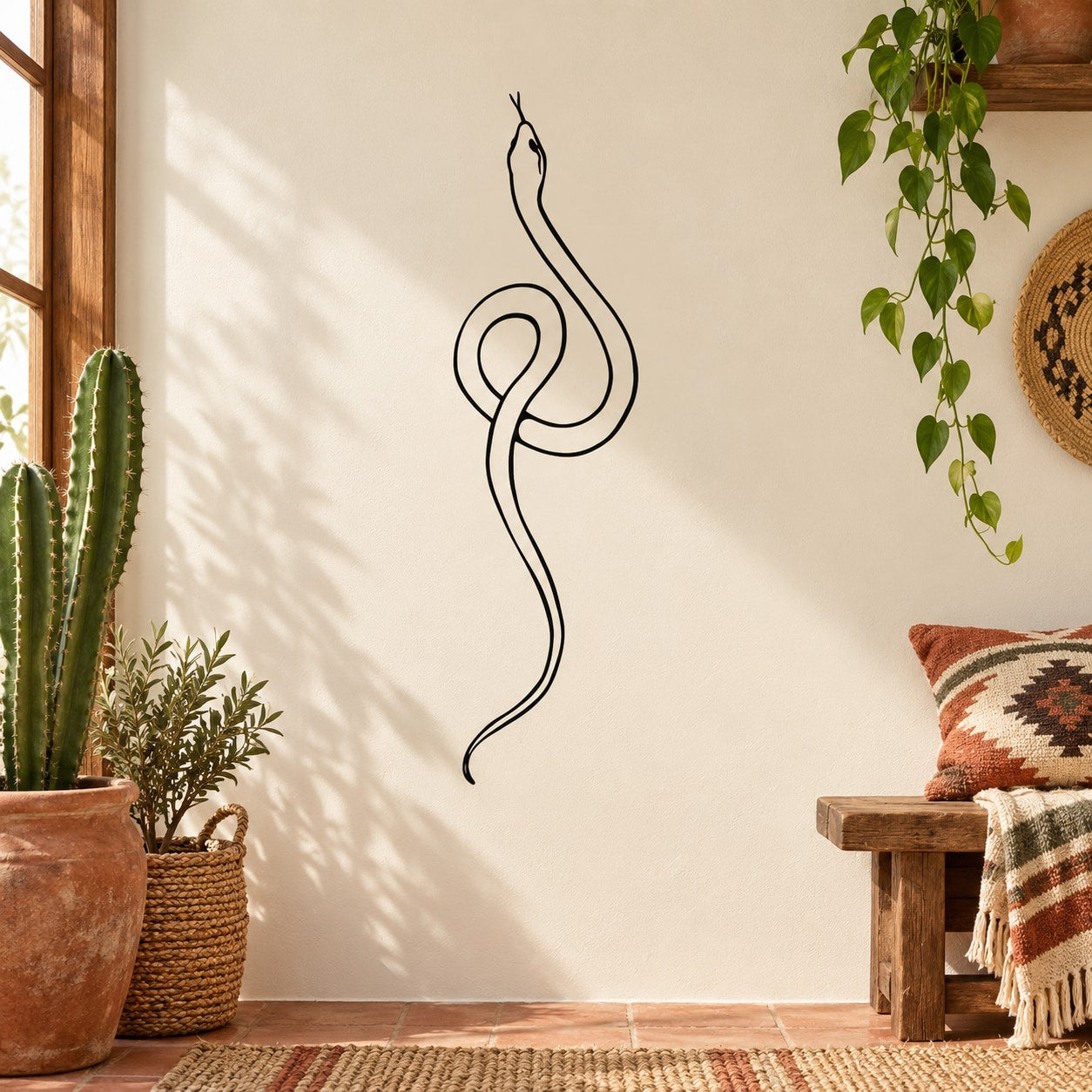 Tree snake wall decal with elegant black line art outline