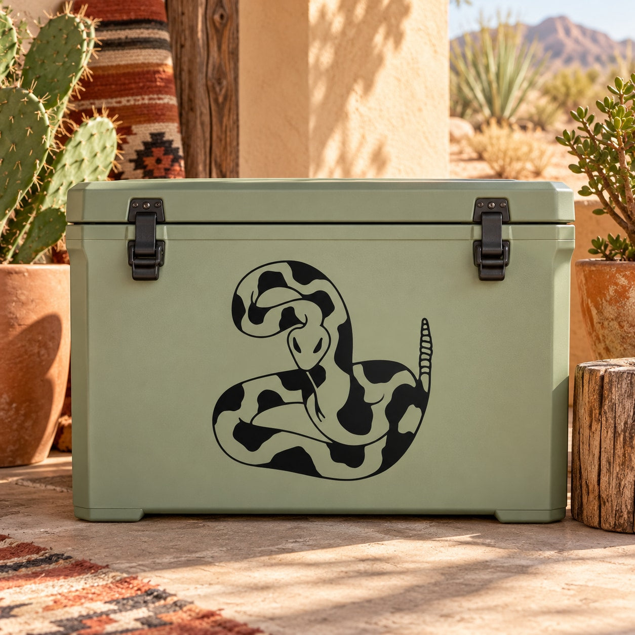 Black snake graphic decal on light green cooler front