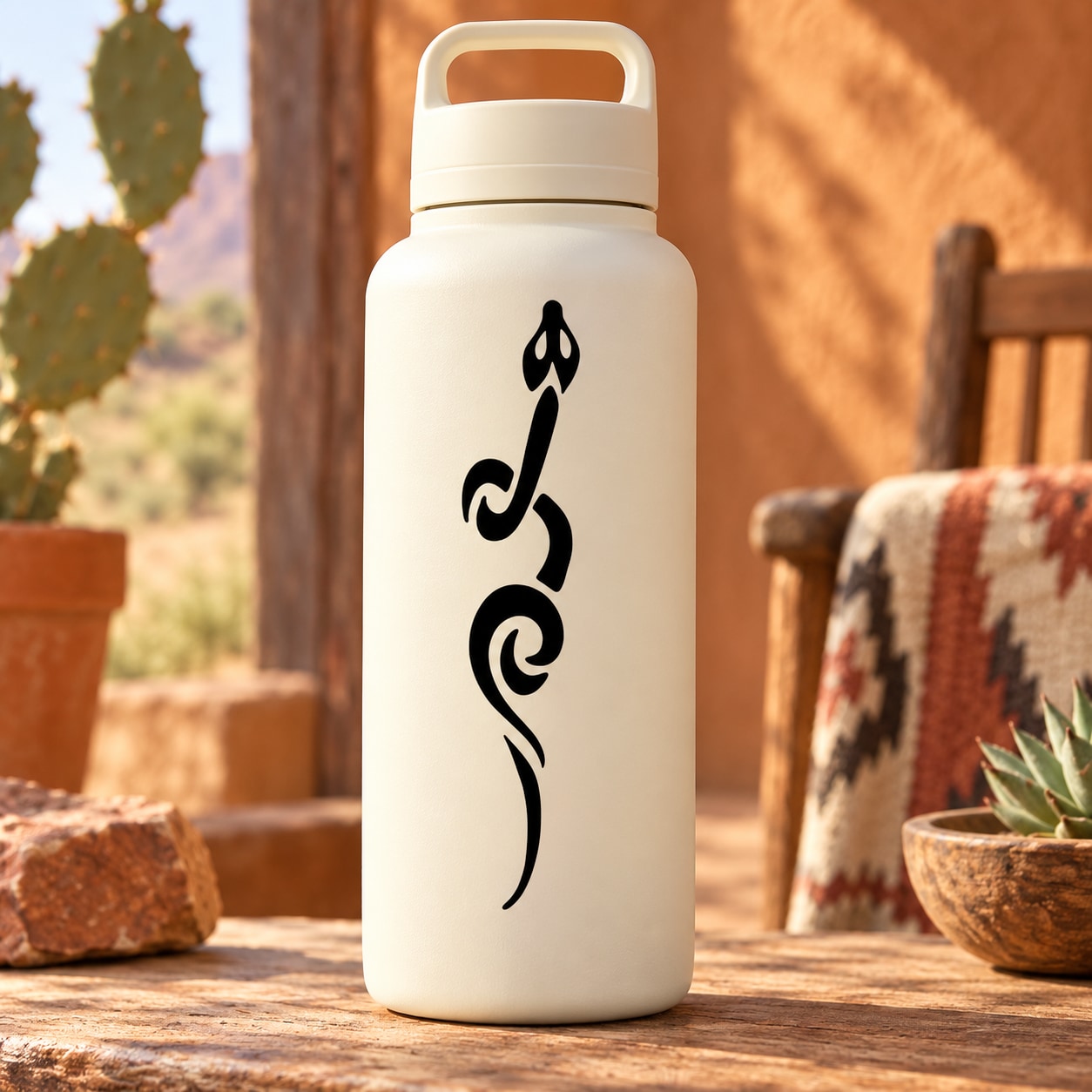 White water bottle with black abstract snake decal, screw-top lid