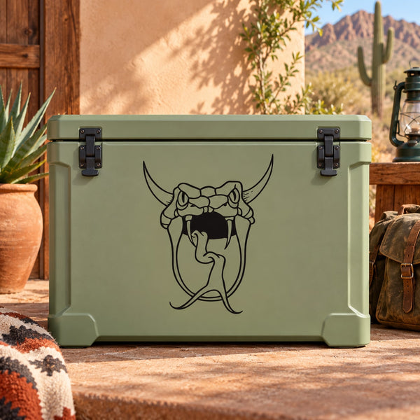 Horned viper hissing decal: outlined serpent head with fangs on light cooler