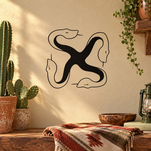 Interlocking four snake heads wall decal in black
