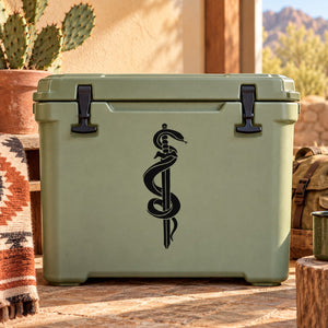 Rod of Asclepius snake emblem decal on a dark container front