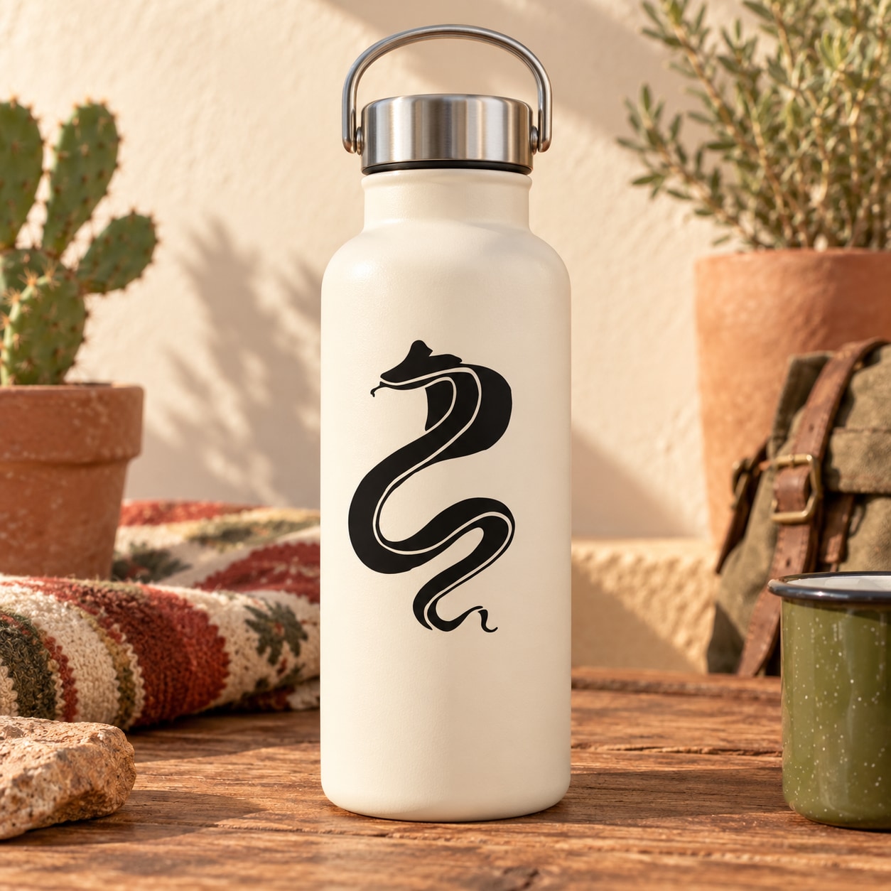 White bottle with black cobra hunting decal graphic
