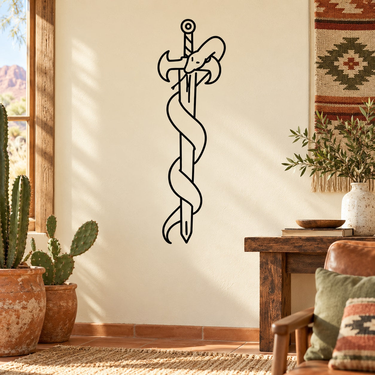 Sword and snake wall decal with fine black line art
