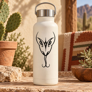 Snake head decal on white water bottle with metal handle