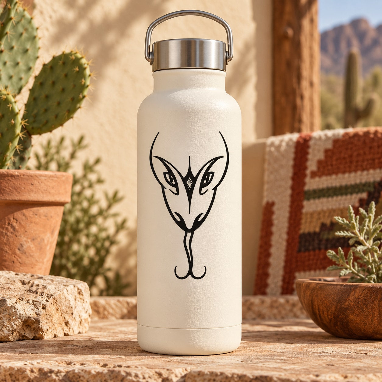 Snake head decal on white water bottle with metal handle