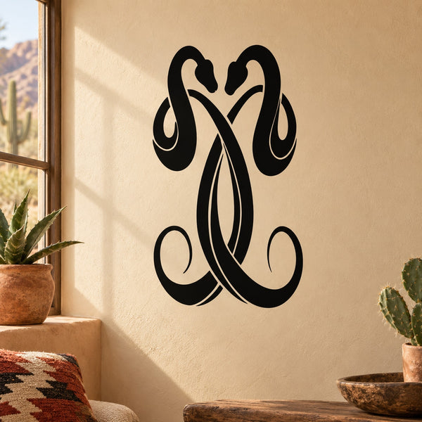Two interlocking snakes decal, black swirling design on surface
