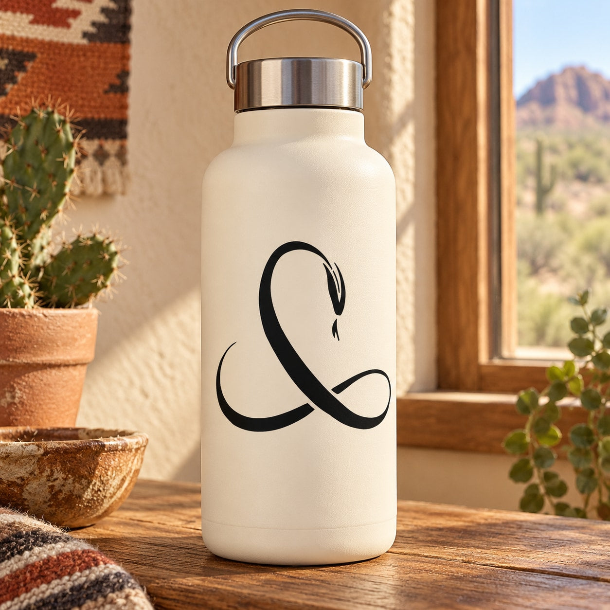 White bottle with black snake decal on the front