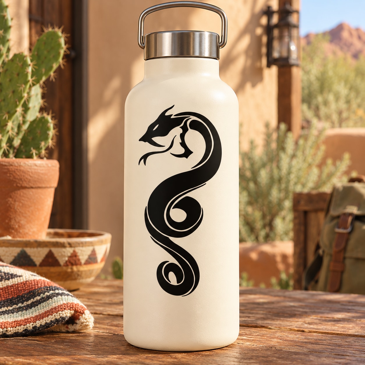 White water bottle with black hissing serpent snake decal graphic