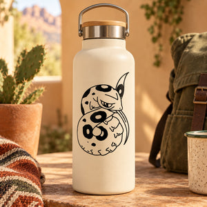 Curled boa constrictor illustration decal on white bottle
