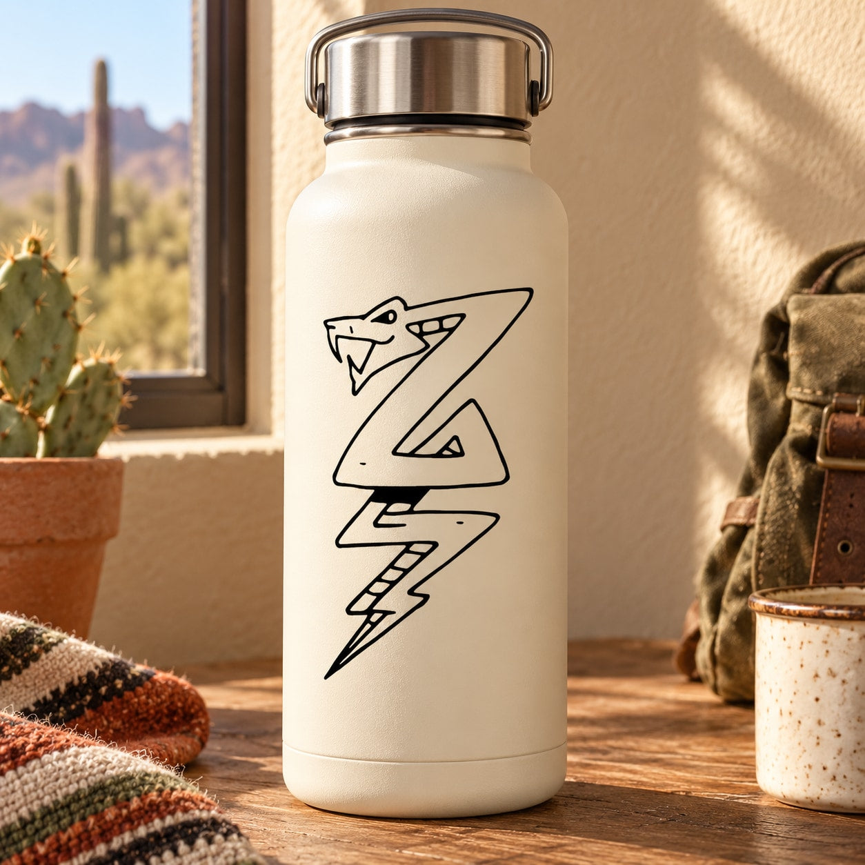 Water bottle with black snake zigzag decal