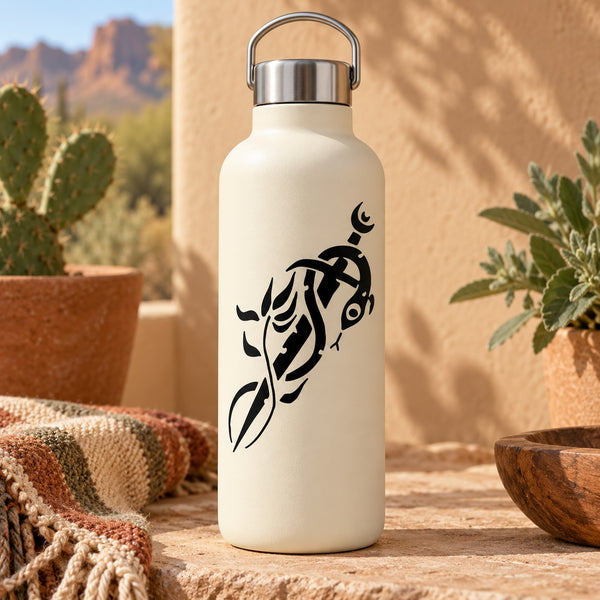 White water bottle with black sword snake symbol and leaf decal