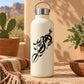 White water bottle with black sword snake symbol and leaf decal