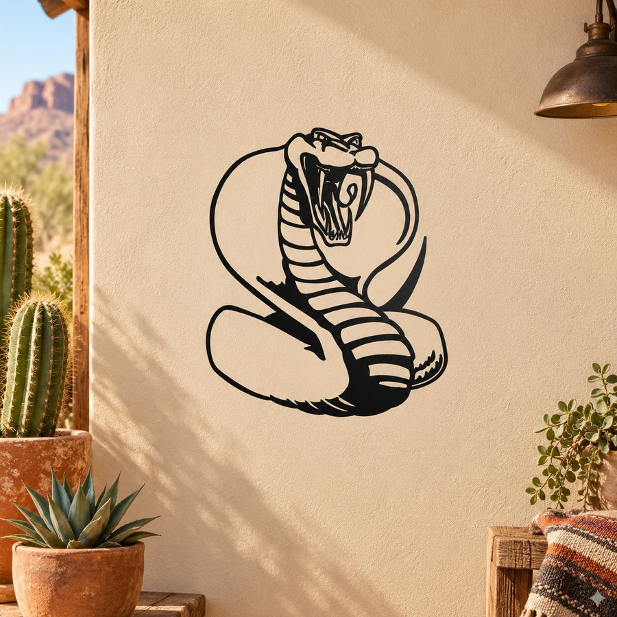 Black cobra snake decal with hooded hissing face, open mouth, and detailed stripes