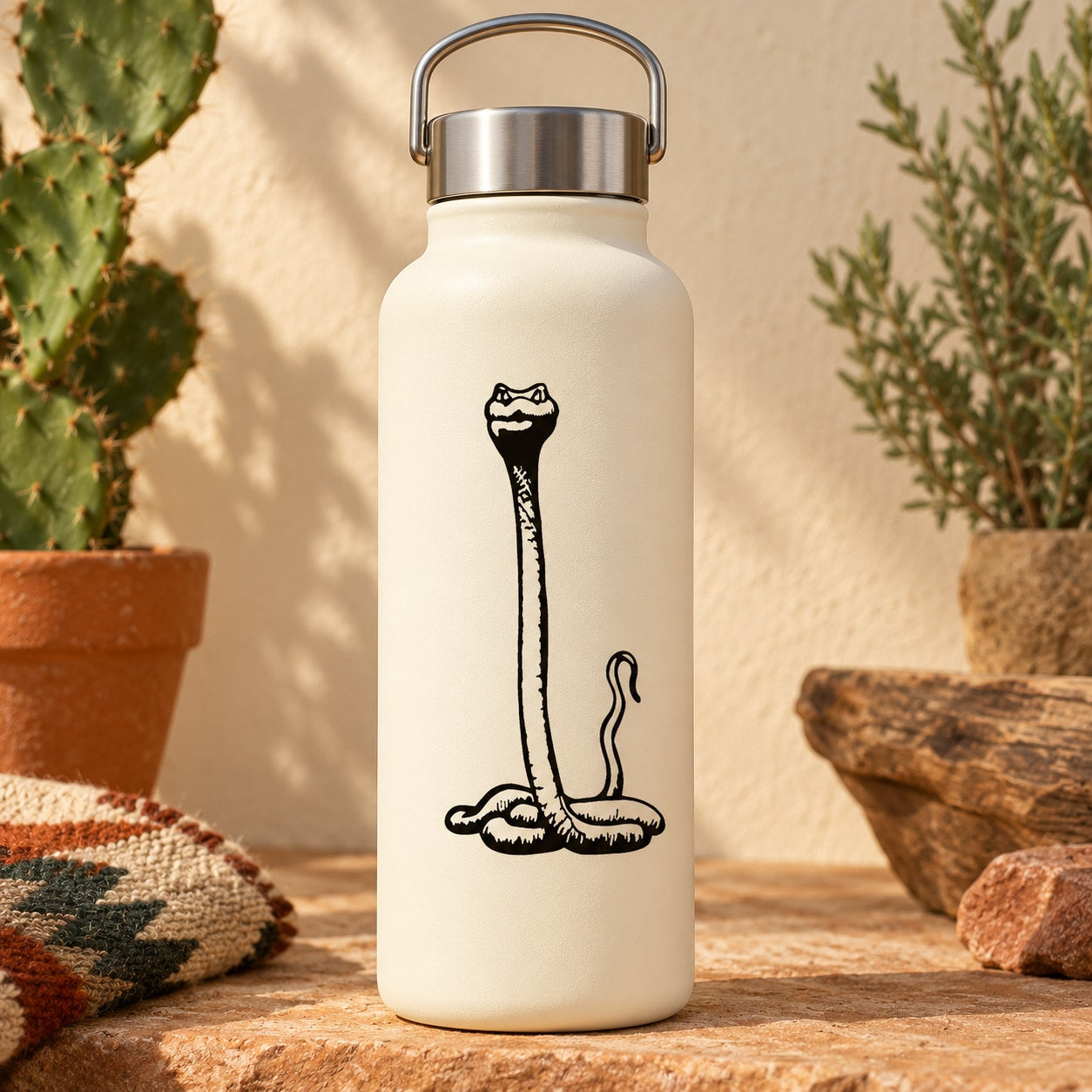 Water bottle with black approaching snake decal on cream bottle