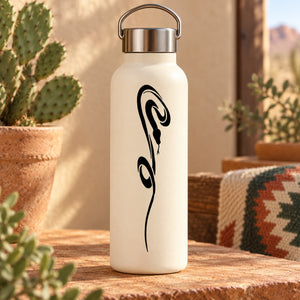 Snake graphic decal on a white bottle with black stylized snake design