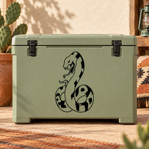 Black hissing python decal on front of olive green storage cooler
