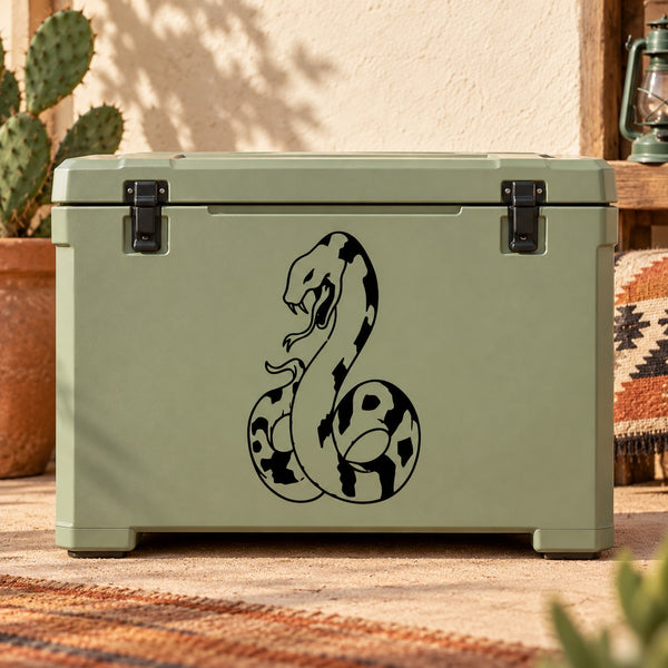 Black hissing python decal on front of olive green storage cooler