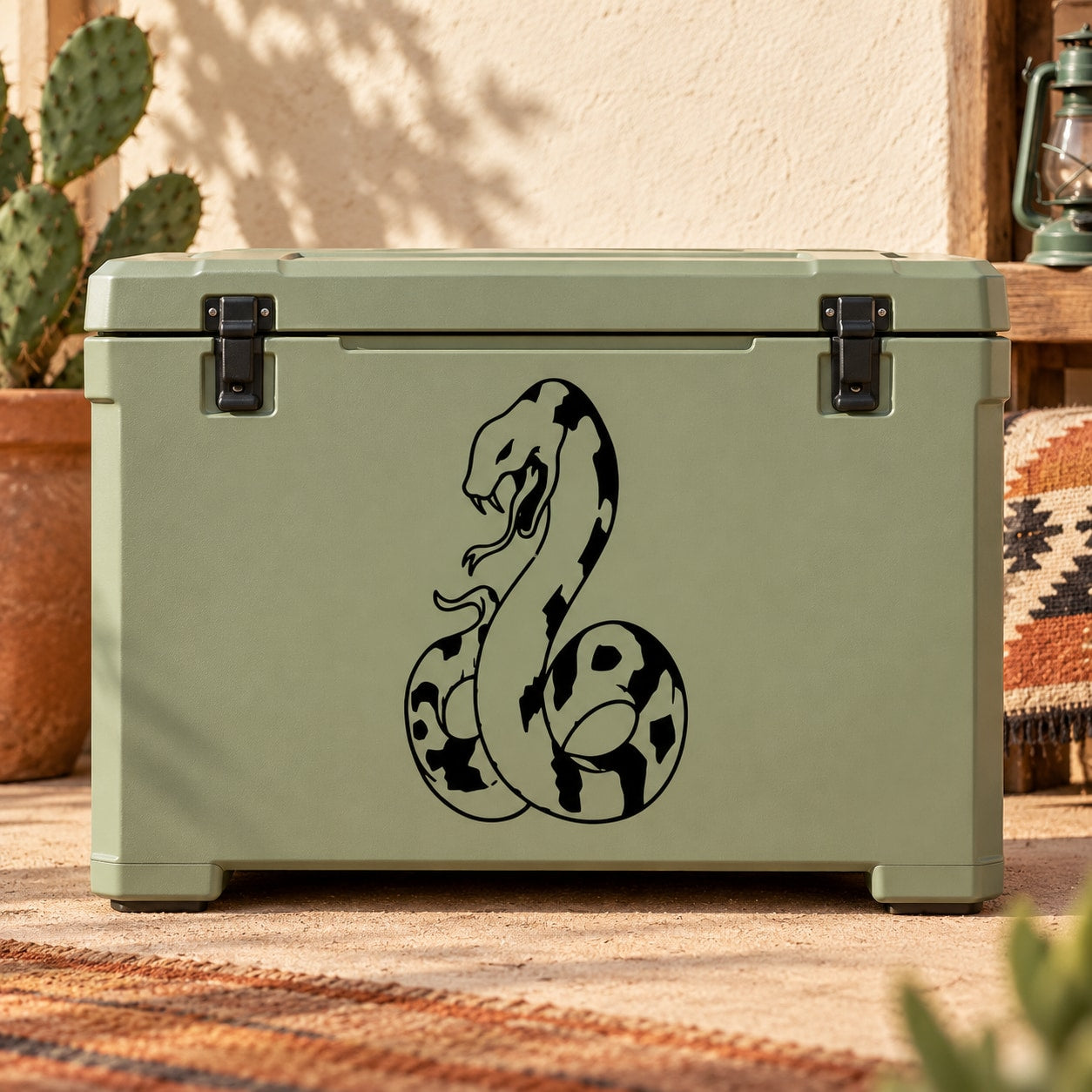 Black hissing python decal on front of olive green storage cooler