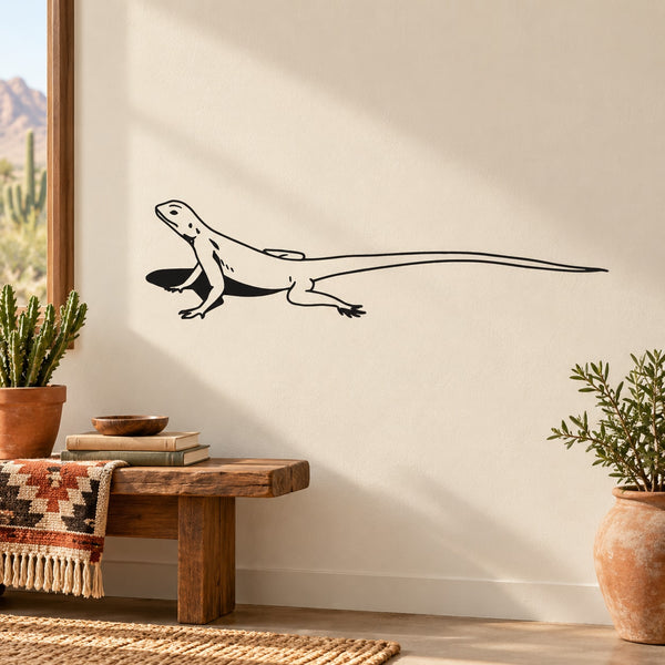 Black sitting lizard wall decal with line-art design