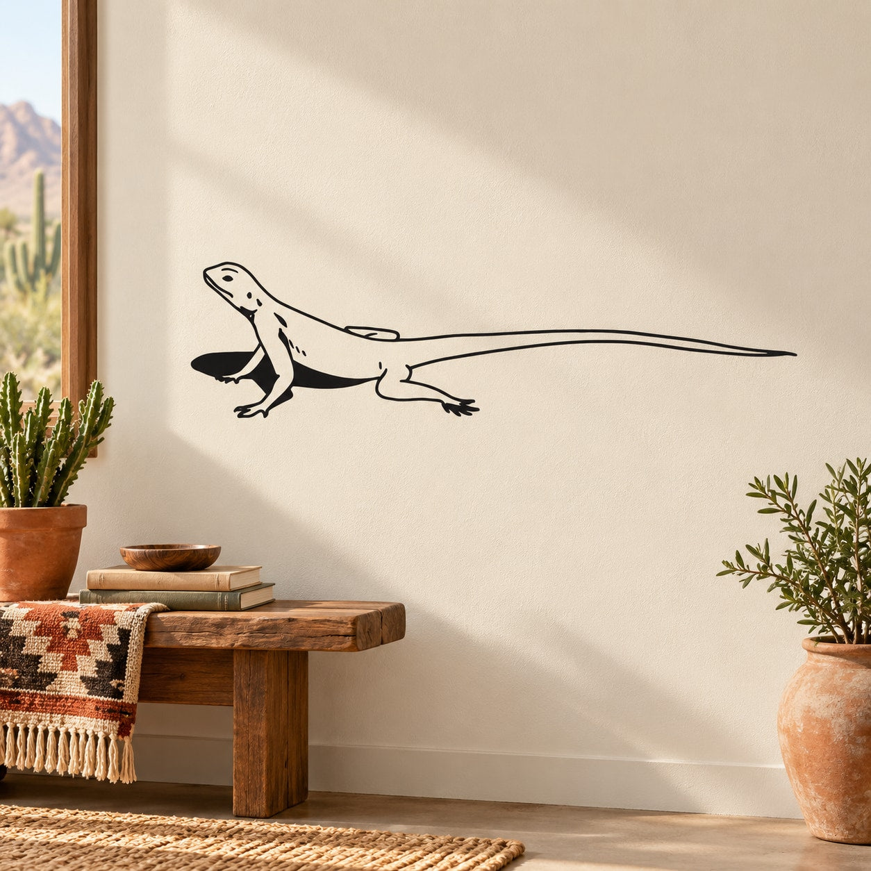 Black sitting lizard wall decal with line-art design
