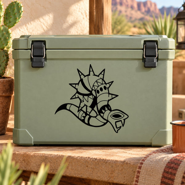 Abstract spiky snake decal sticker, black design on light gray outdoor case