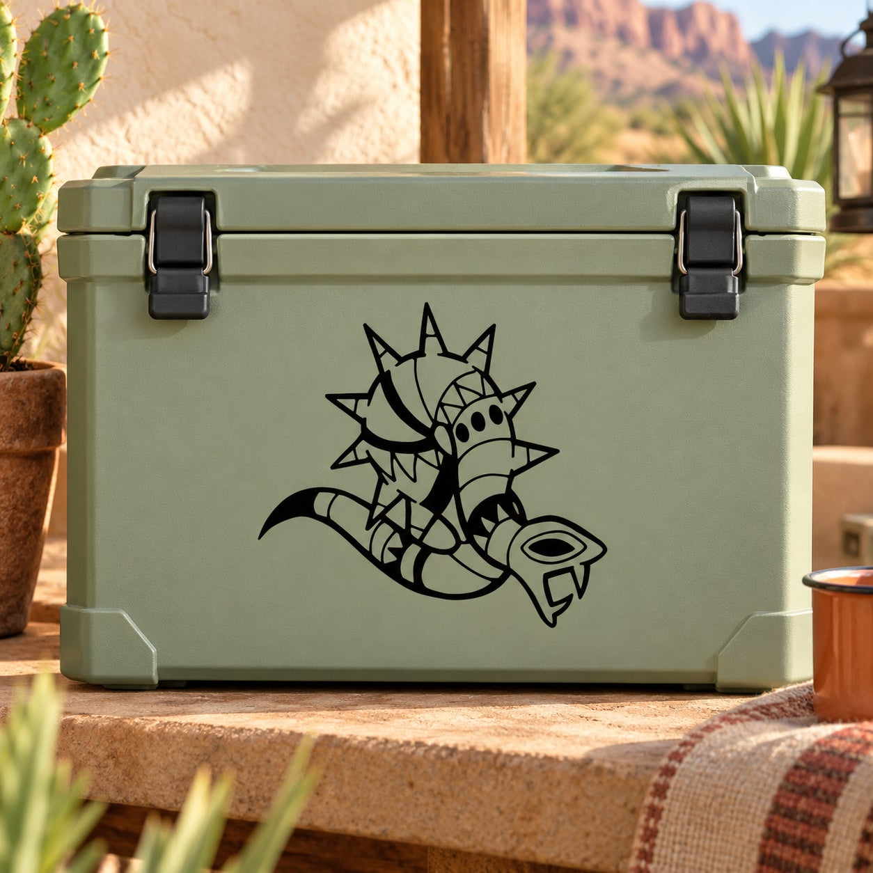 Abstract spiky snake decal sticker, black design on light gray outdoor case