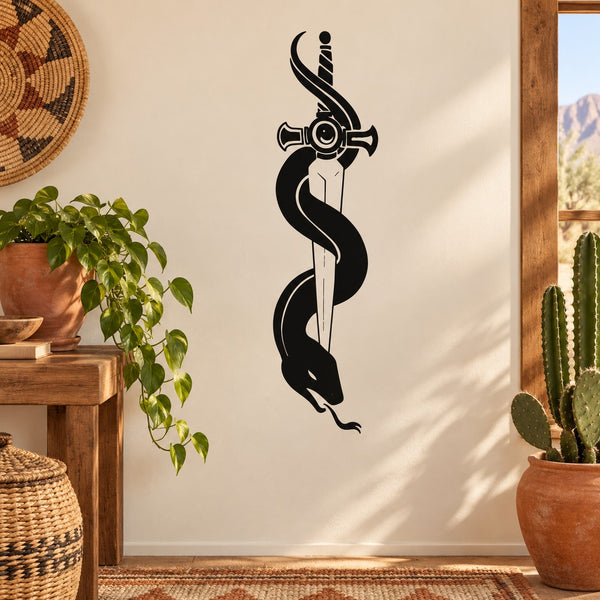 Sword and slithering snake wall decal, black and white stylized graphic