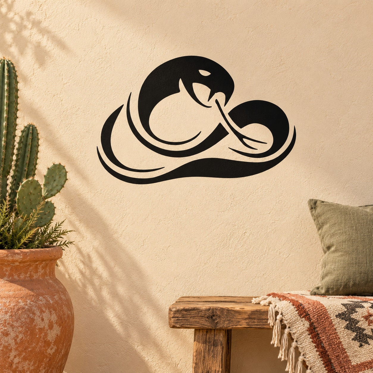 Curled hissing snake decal, black vinyl wall sticker with coiled design