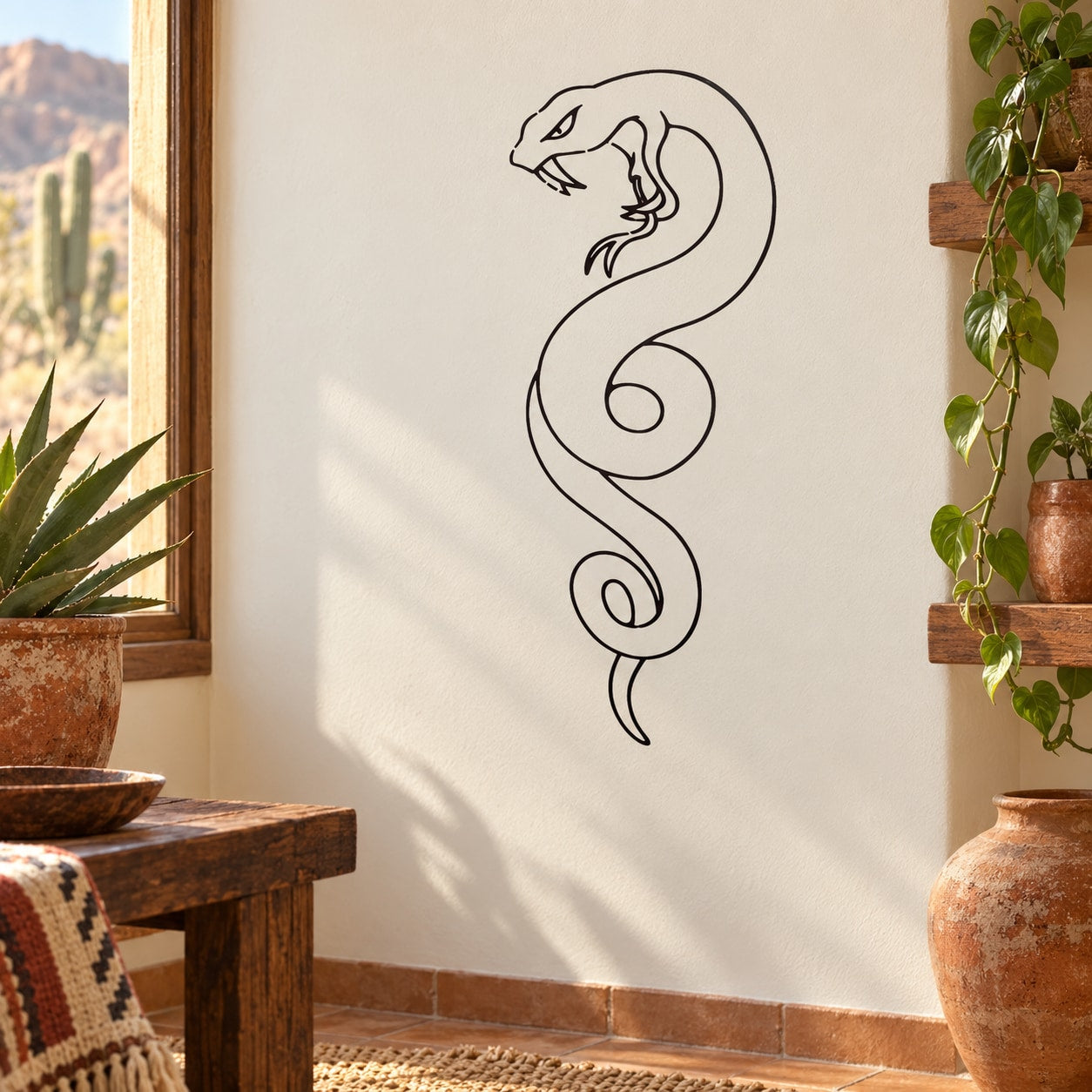 Coiled snake wall decal with open jaw in black line art
