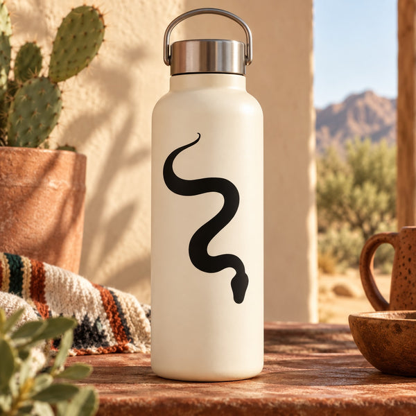 Black slithering snake decal sticker on white bottle