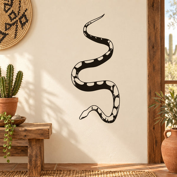 Corn snake slithering wall decal with black-and-cream patterned body and coiled tail