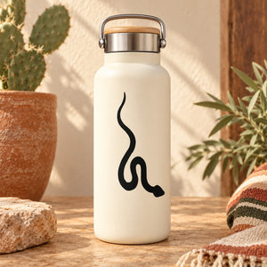 Snake decal on matte white water bottle with metal handle lid