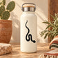 Snake decal on matte white water bottle with metal handle lid